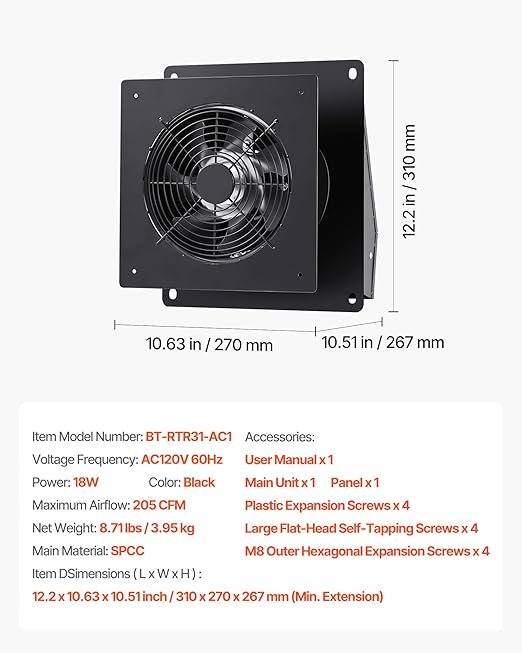 VEVOR Through-The-Wall Ventilation Fan with Cover, 205 CFM, 7-inch Diameter Exhaust Fan Hose, Adjustable Duct for Kitchen, Living & Laundry Room Workshop - Image 7