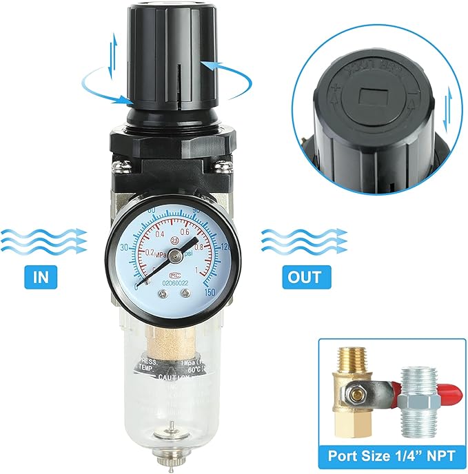 Hromee 1/4 Inch Air Compressor Filter Regulator Combo, Water Oil Separator with Pressure Gauge, Manual Drain, Ball Valve and Bracket AW2000-02 - Image 3