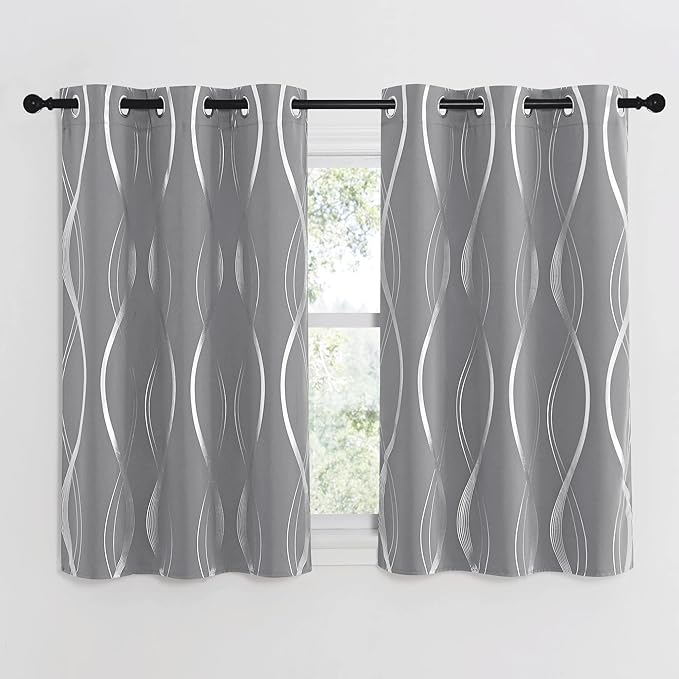 NICETOWN Kitchen Blackout Curtain Panels, Silver Grey, Set of 2, 42 by 48 Inch, Window Treatment Thermal Insulated Solid Grommet Blackout Wave Line Foil Print Design Curtains for Kitchen, Cafe, Loft - Image 2