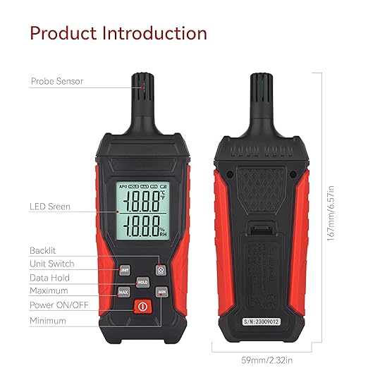 HFS(R) Temperature & Humidity Meter Detector Digital Hygrometer Handheld Industrial Home Indoor - Ambient, Relative Humidity, LCD Backlight, Min/Max Hold - Image 2