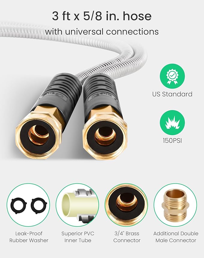 Cesun Short Garden Hose 3 feet, Small Metal Leader Hose, Drinking Water Hose, Flexible, Lightweight Stainless Steel Water Pipe for RV, Outdoor, Yard, 3ft x 5/8", Female to Female - Image 5