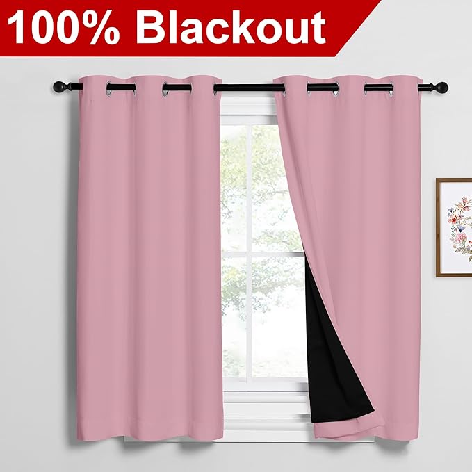 NICETOWN Crystal Pink 100% Blackout Curtains 2 Panels with Black Liners, Thermal Insulated Full Blackout 2-Layer Lined Drapes, Noise Cancellation Window Draperies for Dining Room (42" W by 54" L) - Image 2