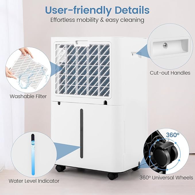 ARLIME 4500 Sq.Ft Dehumidifier for Basement, 54 Pints Dehumidifier with 4L Water Tank, 3 Modes, Timer, Memory, Child Lock, Auto Defrost, LED Display & 3-Color Indicator for Home, Bedroom, Bathroom - Image 6