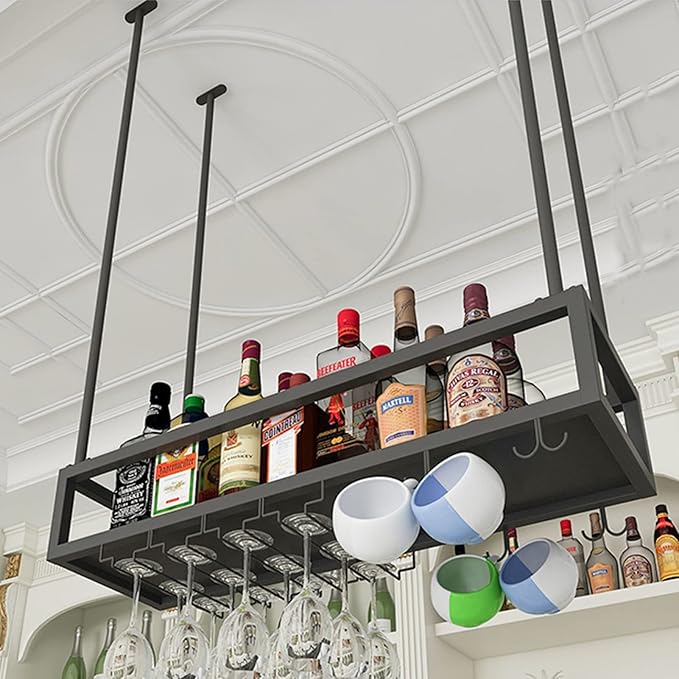 Hanging Black Wine Glass Holder Metal Wine Bottle Rack for Kitchen Bar Upside Down Stemware nizer Under Cabinet 60 x 25 x 21 cm - Stylish Ceiling Storage Solution - Image 6