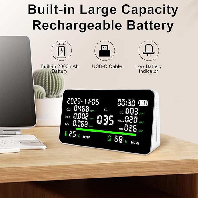 11-in-1 Air Quality Monitor, Indoor CO2/VOC/AQI/PM2.5/Thermometer/Humidity Monitor, Portable Smart Air Quality Meters, Air Quality Tester for Home Office Outdoor, Battery Powered - Image 4