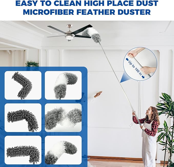 9Pcs Dusters for Cleaning Kit, Extendable Microfiber Duster Tools with 100" Long Pole, Retractable Gap Bendable Dust Cleaner, Reusable Washable Cleaning Supplie for Ceiling Fan Furniture Cars and Home - Image 2