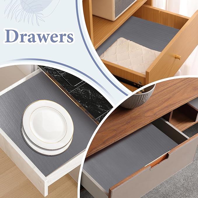 Drawer and Shelf Liner for Kitchen Cabinet: 17 in X 30 Ft Non Slip Waterproof Shelf Paper Non Adhesive Refrigerator Liners Gray Easy Liners for Bathroom Cupboard with Knife Tape Measure - Image 5