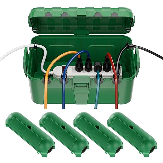 RESTMO 5-Piece Outdoor Waterproof Electrical Box Set – 12.5" x 8.5" x 5" Large & 7.1" x 2.3" x 2.3" Small, Weatherproof Boxes for Power Strip, Outlet, Plug, Socket, Timer, Holiday Light, Green by Restmo