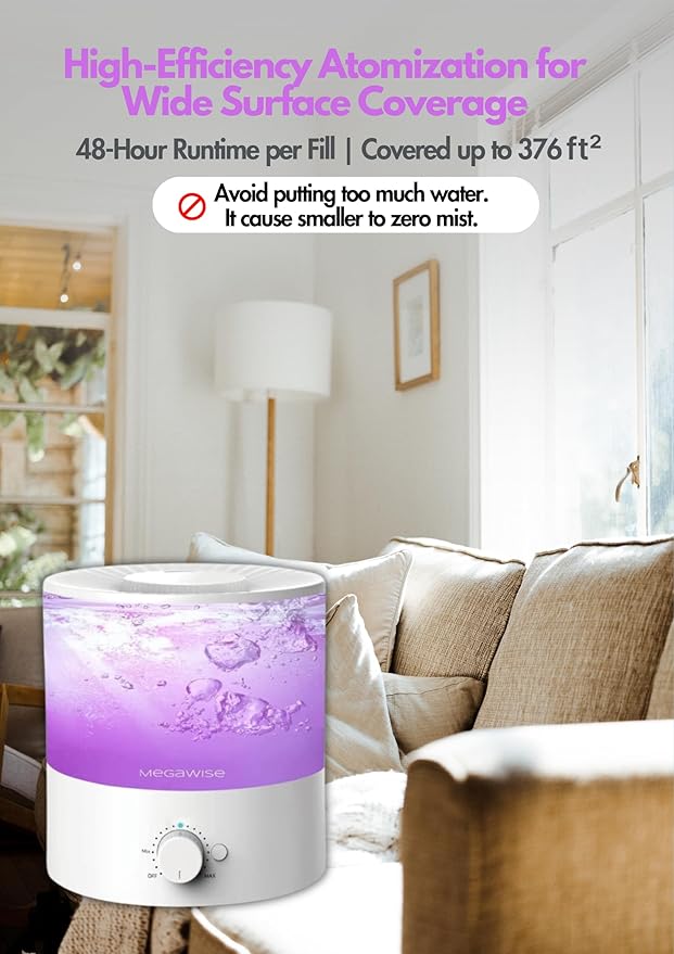 MEGAWISE Cool Mist Humidifiers for Bedroom, BabyRoom, Office and Plants, 0.5 Gal Essential Oil Diffuser with Adjustable Mist Output, 25dB Quiet Ultrasonic Humidifiers, Up to 10H, Easy to Clean - Image 4
