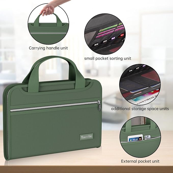 Tamfile Fireproof Accordion File Organizer with Handle, 13 Pocket Expanding File Folder with Zipper & Labels, File Folder with Multi-Pockets Paper Organizer Folder for Letter A4 Files, Green - Image 4