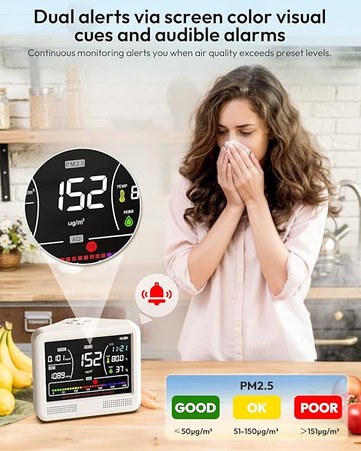 Air Quality Monitor Indoor, 16 in 1 Air Quality Tester for CO2 Monitor, TVOC, PM1.0 PM2.5 PM10, HCHO Temperature Humidity & Time, AQI Monitor with Alerts for Home (PureWhite) - Image 4