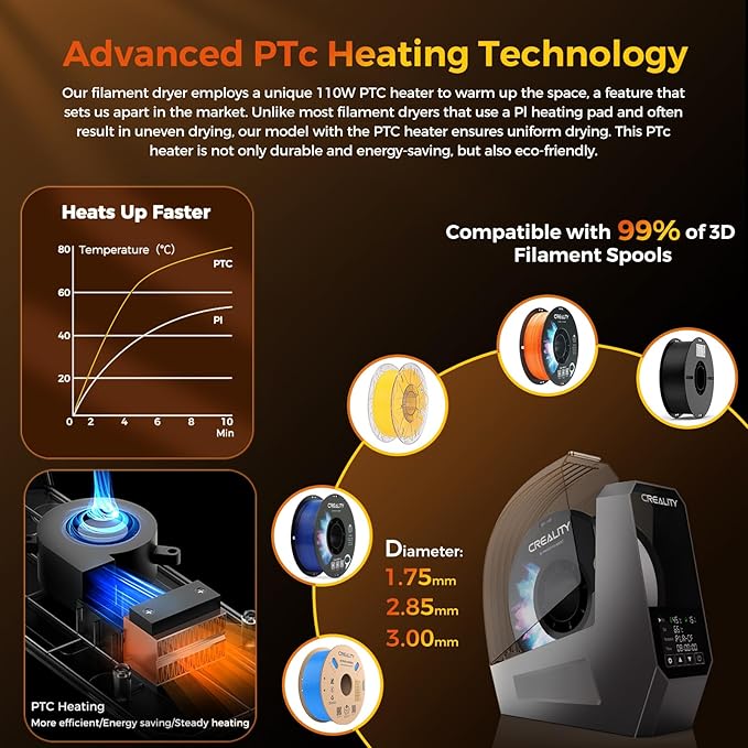 Creality Filament Dryer, Space Pi Filament Storage Box -Double 360° Heating with 110W PTC Heater LCD Touch Screen One-Key Set 3D Printer Filament, Dehydrator 1.75/2.85/3mm Support PLA PETG ABS TPU - Image 5