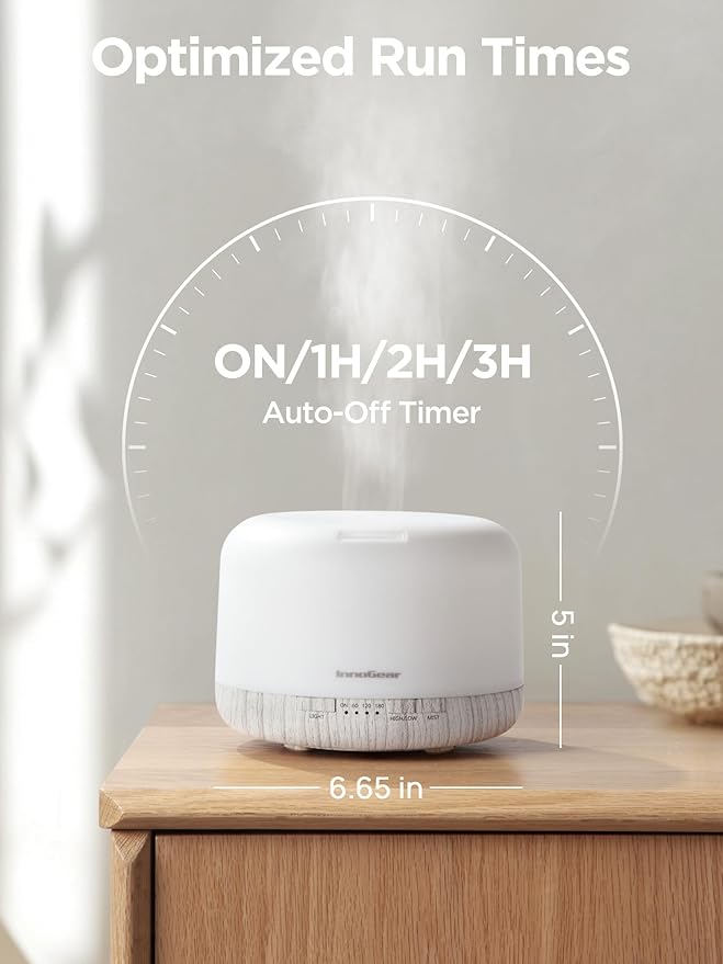 InnoGear Aromatherapy Diffuser & 10 Essential Oils Set, 500ml Essential Oil Diffuser with Remote Control Ultrasonic Cool Mist Scent Humidifier Vaporizer Auto-Off Timer for Valentine's Gift, White - Image 8