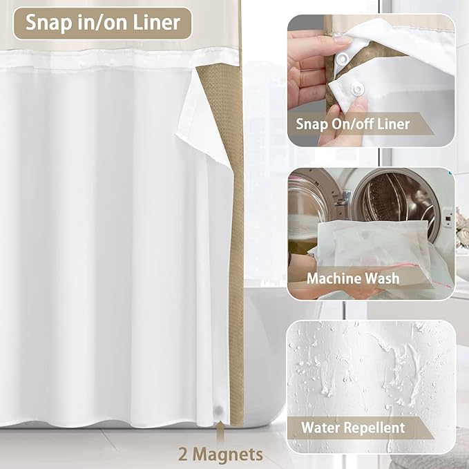 No Hook Shower Curtain and Liner Set,Beige Hotel Waffle Shower Curtain with Liner 75" L x 72" W - Image 4