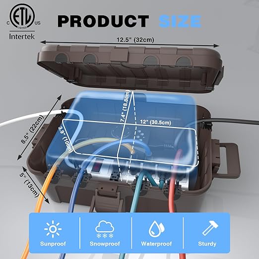 Flemoon Outdoor Electrical Box Waterproof, IP54 Waterproof Extension Cord Cover, Protect Outlet, Plug, Socket, Timer, Power Strip, Holiday Light, Large Weatherproof Connection Box, Brown - Image 3