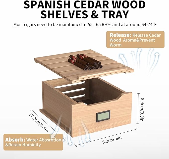 NEEDONE Cigar Humidor 8L with Heating & Cooling Control, Quiet Thermostatic Electric Cooler Cabinet for 80 Counts with Spanish Cedar Wood Shelves & Drawer with Hygrometer, Gift for Men - Image 5