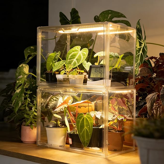 Bstrip Tabletop Greenhouse, GM4 Small Greenhouse for Indoors, Stackable Clear Plastic Greenhouse with Magnets, Indoor Seed Starter Greenhouse with Lights, Auto Timer, User-Friendly, 14.2x8.7x10.6IN by Bstrip