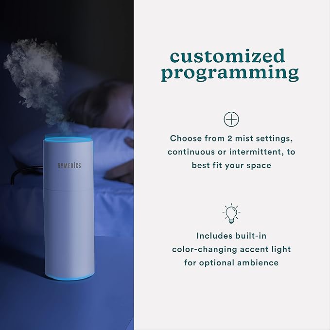 Homedics Portable Humidifier - Small Air Humidifiers for Bedroom, Plants, Office, Travel - Cool Mist Humidifiers, Color-Changing Accent Light, 2 Mist Settings, White - Image 4