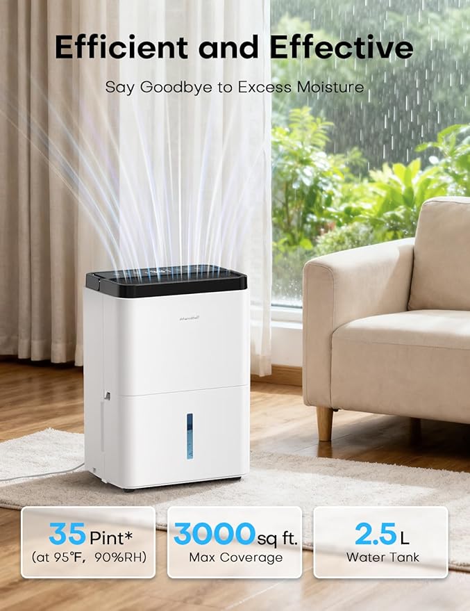 Dehumidifiers for Home Max 35 Pints, Compressor Dehumidifier with Drain Hose, Three Modes, Smart Humidity Control, 24H Timer, Dry Clothes, Auto-Defrost, for Basement, Bedroom, Bathroom, Home - Image 2