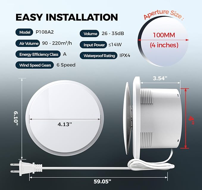 Bathroom Exhaust Fan with Light, 10 RGB Lights Upgraded 2 Way 6 Speed Bathroom Fan with Light & Remote Low Noise DC Motor 3000 RPM Energy Saving Household Ventilation Fans P108A2 - Image 6