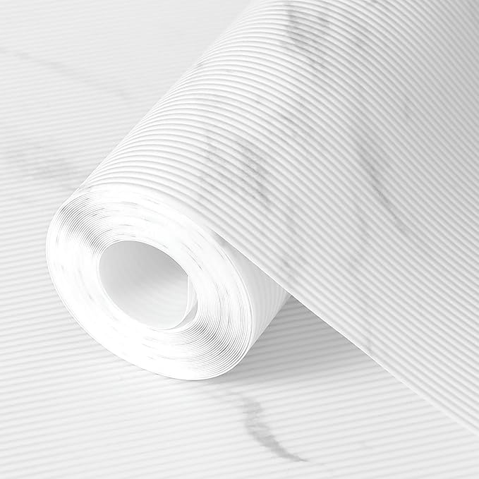 Hersvin Shelf Liners 14 in x 20 ft EVA Drawer Mats, Non-Adhesive Cupboard Protector, Kitchen Cabinet Lining Fridge Liner (White Marble Stripe, 35.6x610cm) by Hersvin
