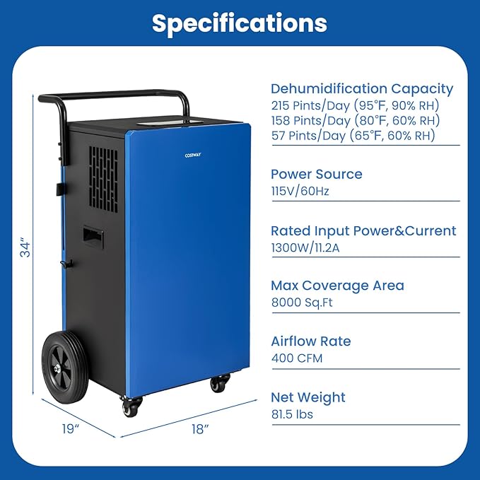 COSTWAY 215 Pint Commercial Dehumidifier, 8,000 Sq.Ft Industrial Dehumidifier with Drain Hose, 24H Timer & 4 Wheels, Ideal for Basement, Warehouse, Job Sites, Water Damage Restoration - Image 5