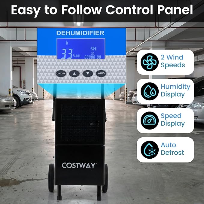 COSTWAY 189 Pints Commercial Dehumidifier with Pump, 3.3Ft Drain Hose & Wheels, Industrial Dehumidifier for Basement, Warehouse, Job Sites & Large Space Up to 7,500 Sq.Ft - Image 3