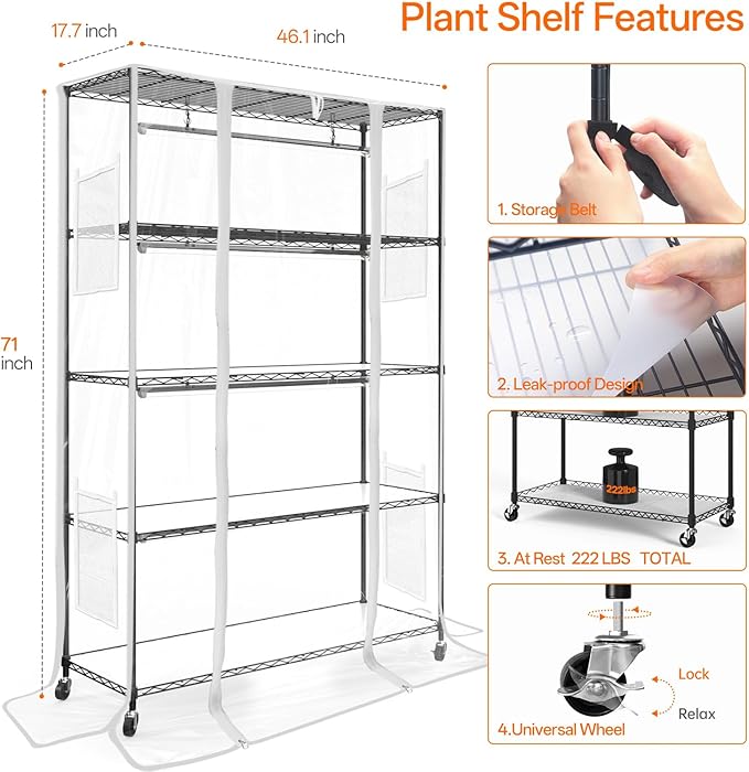 Bstrip Indoor Greenhouse with Grow Light, Plant Shelf with 4 Pack T8 Full Spectrum Plant Lights and Cover, mini Greenhouse for Indoor Plant, Seed Starting, Seed Tray, (47.2" L x 17.8" W x 71" H) - Image 9