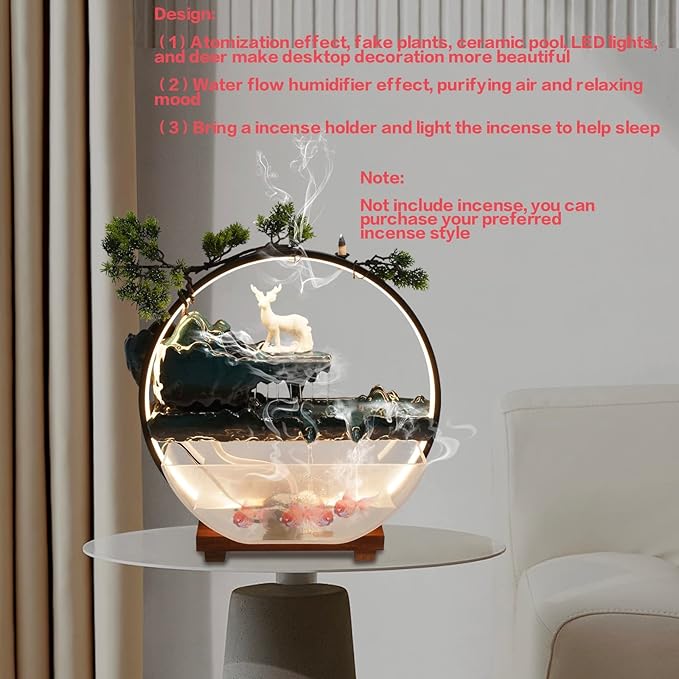 17Inch Mini Fish Tank Tabletop Decoration Indoor Waterfall Fountains Humidifier with LED Light and Atomizer Mist, Water Fountain Japanese Zen Decor Meditation Fake Plants Bonsai Gift - Image 4