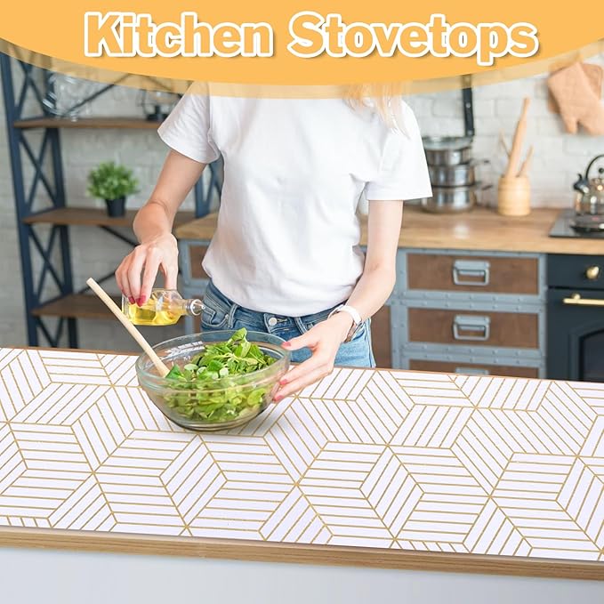 Shelf Liners for Kitchen Cabinets Non Adhesive Shelf Liner Paper Non-Slip Thickened Drawer Liner Easy to Clean for Tool Box Refrigerator with Knife and Tape Measure, Gold Geometric, 11.8 x 354.3 in - Image 6