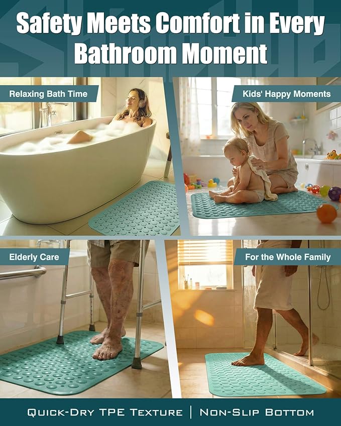 Heavy Duty TPE Bathtub Mat - 166 Suction Cups Non-Slip Shower Mat with Drainage Holes - Durable in-Stall Bath Mat for Daily Use - 28x16 Inches, Smoke Pine Green - Image 7
