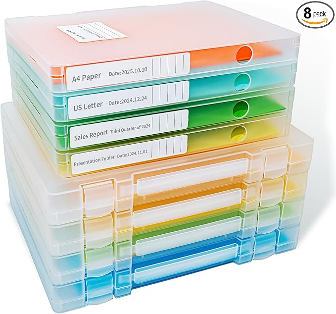 8 Packs Paper Storage Boxes, Plastic Multi-Purpose Thick Scrapbook Storage Box for Office,Craft or Art Supplies, 8.5 x 11 Plastic Portable Project Case for US letter Size and A4 paper by Mickiewicz