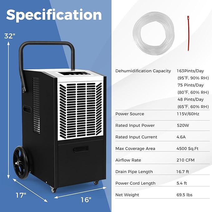 ARLIME 163 Pints Commercial Dehumidifier w/Pump & Drain Hose, Industrial Heavy Duty Portable Dehumidifier for Large Spaces, Basement, Warehouse, Water Damage Restoration, Up to 4500 Sq.Ft (White) - Image 7