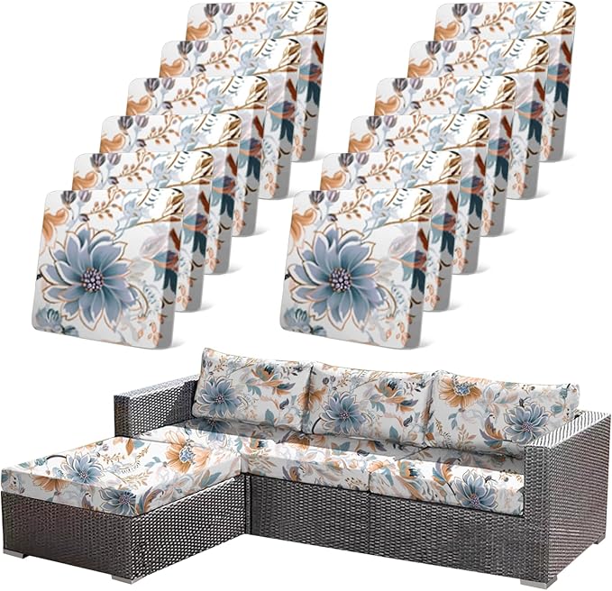 12Pcs High Elastic Digitally Printed Sofa Seat Cushion Cover for Fall Decor, Soft Reusable Floral Stretch Couch Cushion Slipcover for Outdoor Furniture Protector Replacement, All-Season by CALBODE