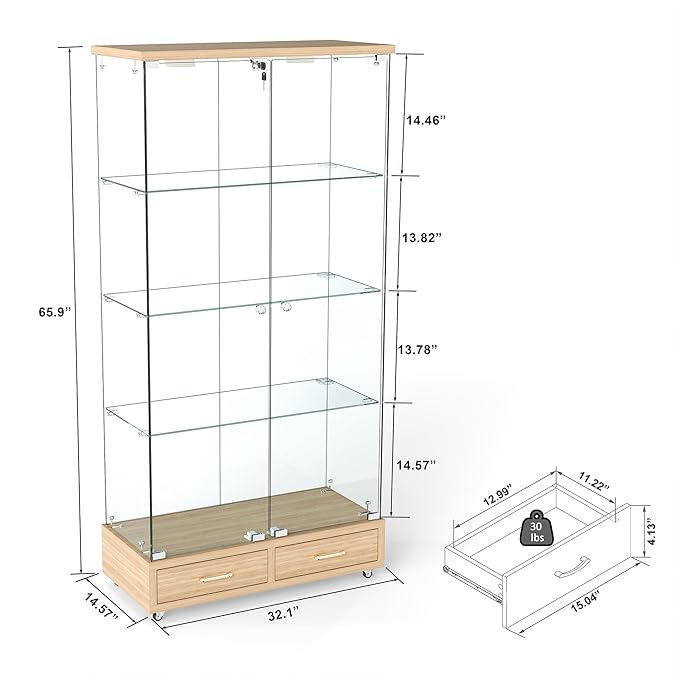 Yoluckea 4 Tier Glass Display Cabinet with LED Lighting and 2 Drawers, 2 Doors Floor Standing Curio Cabinet with Wheel for Home, Office,Corner Display,Natural Glass Bookshelf for Collections and Decor - Image 2