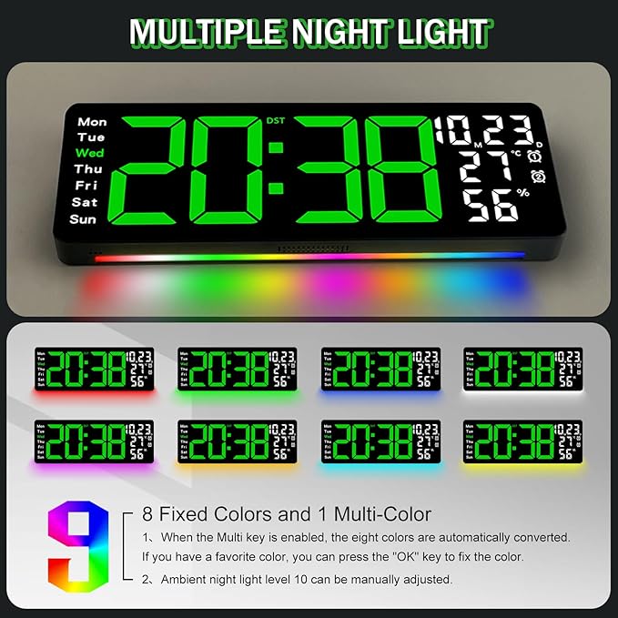 JoFomp 17.3" Large Digital Wall Clock, LED Digital Clock Large Display with Remote Control, Alarm Clock with Temp/DST/Dimmer/Humidity/Timer/Ambient Light - 12/24H, Alarm Wall Clock for Bedroom - Image 3