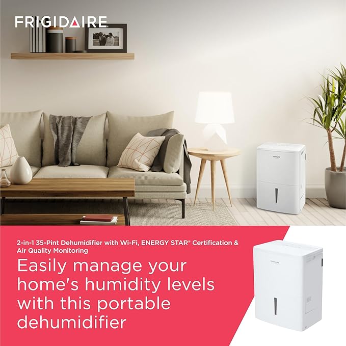 Frigidaire Gallery 2-in-1 35-Pint Dehumidifier with Wi-Fi, Energy Star Certification & Air Quality Monitoring for Small/Medium/Large Rooms & Basements, Custom Humidity Control, Auto Shut Off, White - Image 2