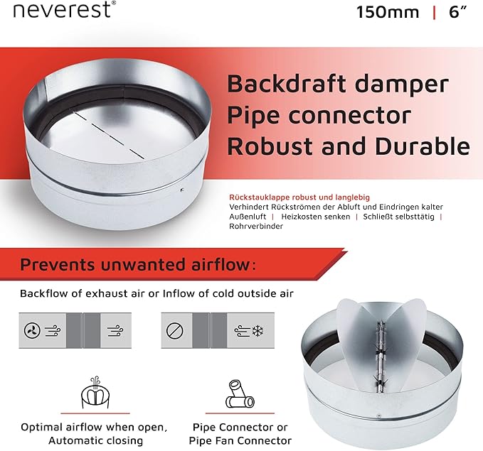 neverest® RK 6" Professional Backdraft Shutter Damper Connector Duct Fits Only with Metal Ducts - Image 2
