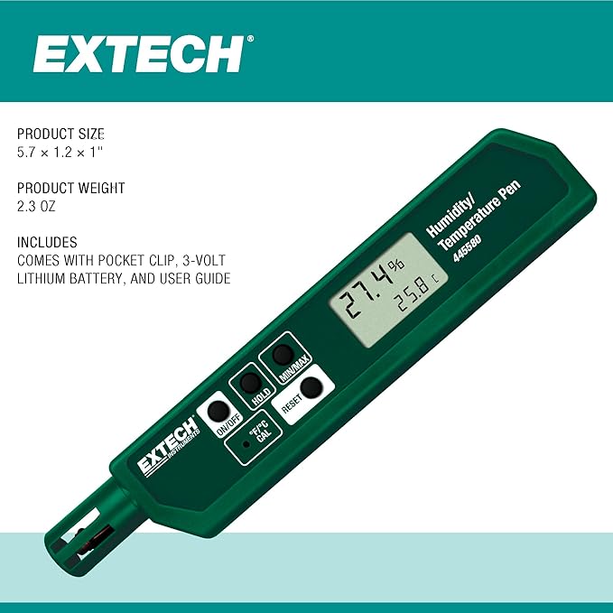 Extech 445580 Humidity and Temperature Pen with Fast Response Sensor, Min/Max Memory, Dual LCD, Pocket-Sized Hygrometer for HVAC, Labs, Storage Rooms, Indoor Air Monitoring - Image 7