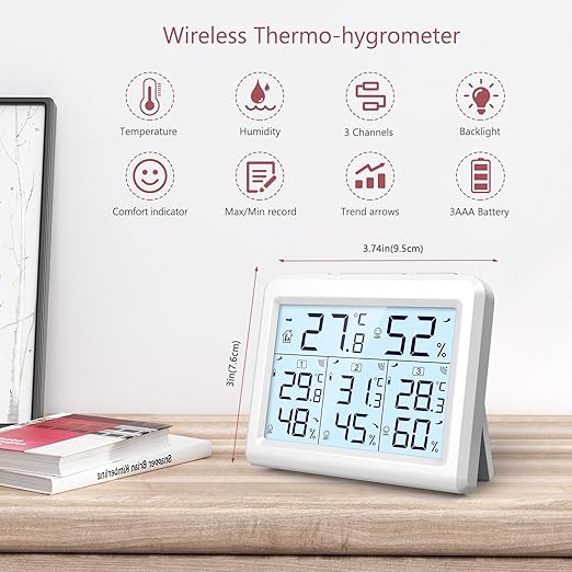 LOFICOPER Indoor Outdoor Thermometer Wireless, Digital Temperature Humidity Meter, Indoor Hygrometer Thermometer with 3 Sensors, Max/Min Record, Comfort Indicator, Backlight, for Home Office Bar - Image 2
