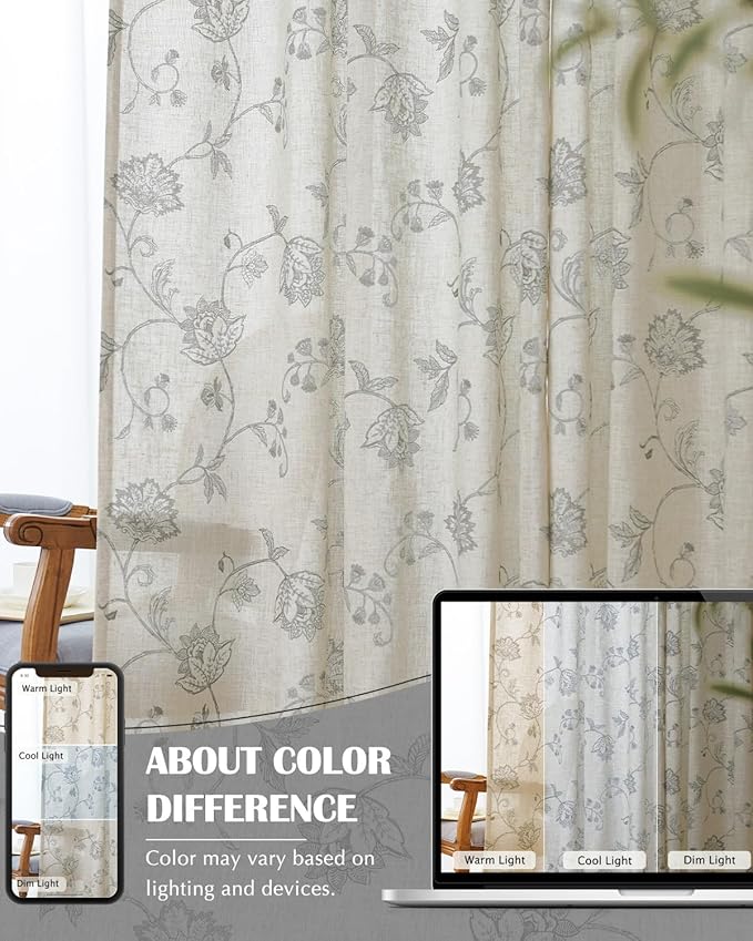 jinchan Linen Curtains Floral Curtains 63 Inch Length for Living Room Bedroom Light Filtering Rod Pocket Back Tab Jacobean Curtains Flax Linen Texture Window Drapes Set 2 Panels Dark Grey on Linen - Image 7