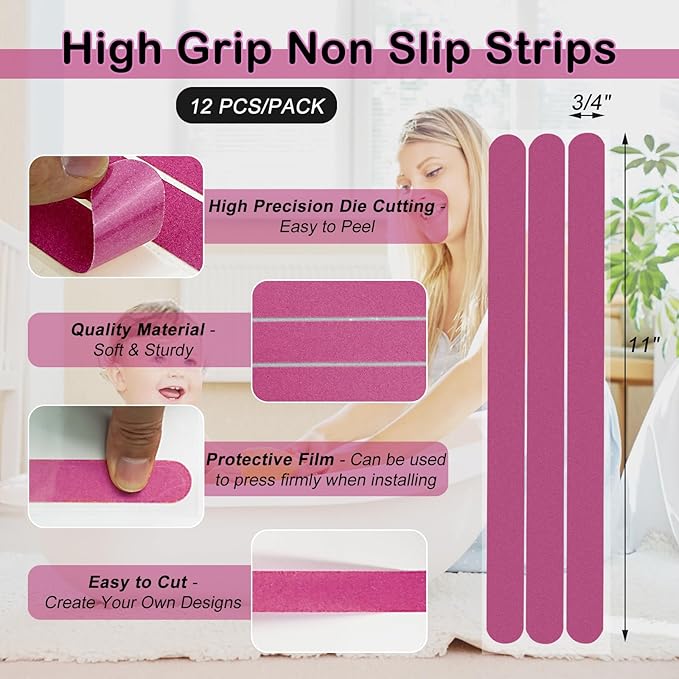 S&X Non-Slip Bathtub Shower Stickers 12-Pack Anti-Skid Strips, Waterproof Adhesive Safety Decals, Fine Grit Tread for Steps, Stairs, Pools, Boats, and Floors - Purple - Image 4