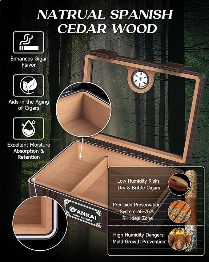 Cigar Humidor, Glass top Cigar Case with Straight Cutter Guillotine, V Cut, Punch Tool, Spanish Cedar Wood Lining Case, Crush-Proof Storage Box with Humidifier & Hygrometer - Image 5