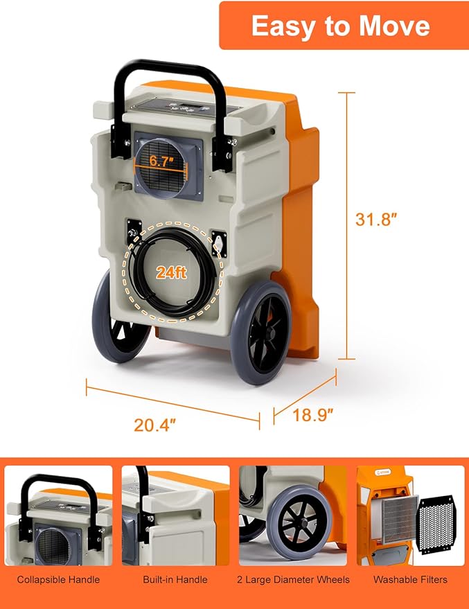 190 PDD Commercial Dehumidifier with Pump Drain Hose, LGR Capacity Industrial Dehumidifier up to 7500 Sq. Ft for Water Damage Restoration, Flood Repair, Crawlspace Basement - Image 7