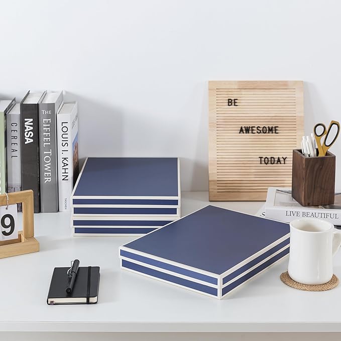 Soul & Lane Document Storage Boxes - Set of 3 (13.2" x 9.8" x 1.8"), Versatile Photo & Craft Organizer for Home & Office, Stackable Cardboard Storage for Letters, Files & Memorabilia, Heritage Blue - Image 4