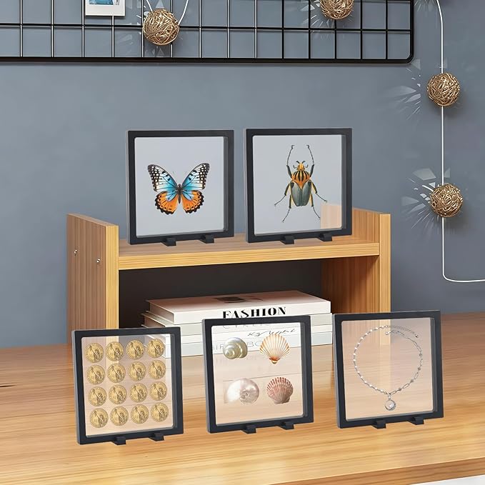 10 Pcs Floating Frame Case with Stands 7x7x0.8 in, Black Challenge Coin Display,Transparent PE Jewelry Storage Box, Floating Display Holder Stands for Antique Challenge Coins Medallion Fossil Specimen - Image 5