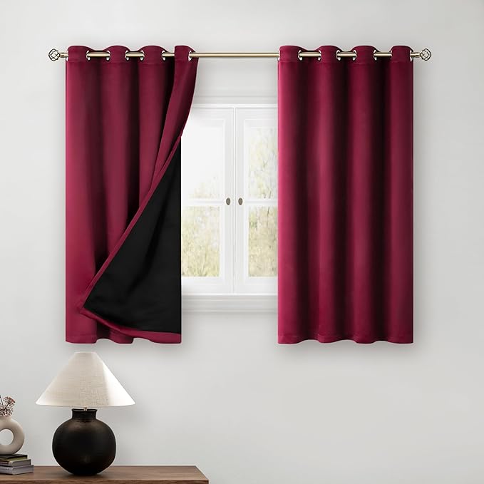 BGment Short 100% Blackout Curtains for Bedroom, Thermal Insulated Lined Energy Efficiency Noise Reducing Grommet Curtains 45 Inch Length for Small Window 2 Panels Each 52 Inch Wide, Burgundy Red by BGment