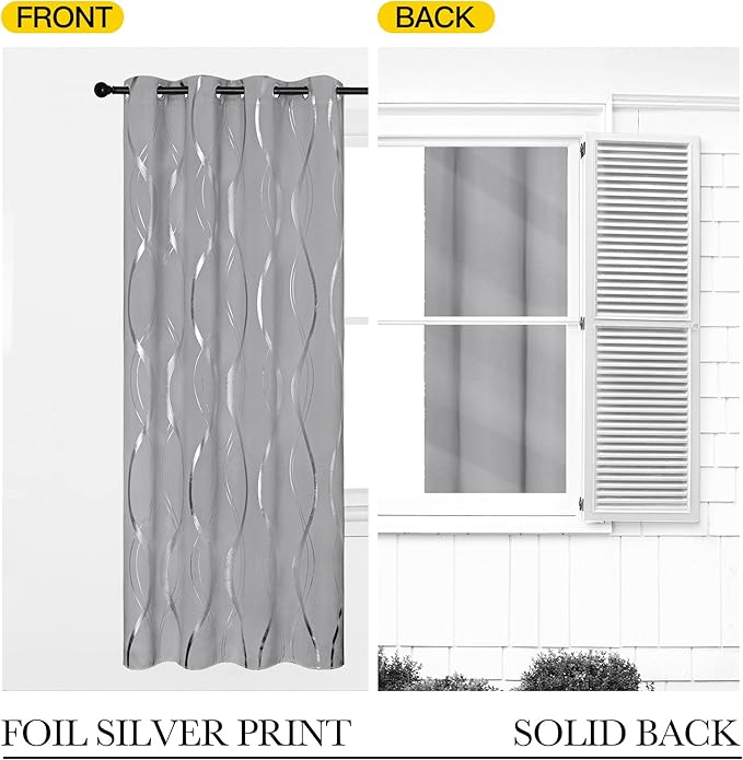 NICETOWN Kitchen Blackout Curtain Panels, Silver Grey, Set of 2, 42 by 48 Inch, Window Treatment Thermal Insulated Solid Grommet Blackout Wave Line Foil Print Design Curtains for Kitchen, Cafe, Loft - Image 6