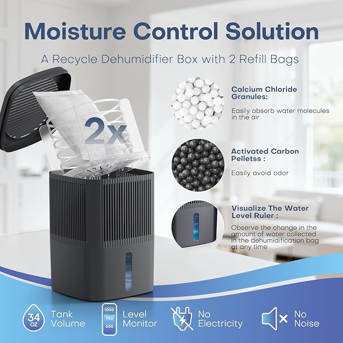 TABYIK Moisture Absorber 1000ml (34OZ) x 2 Pack, Disposable Dehumidifier with Refiil Bags, Portable Dehumidifier for your Bathroom, Closet, RV, Kitchen and Bedroom, 15㎡, No Electricity Required - Image 3