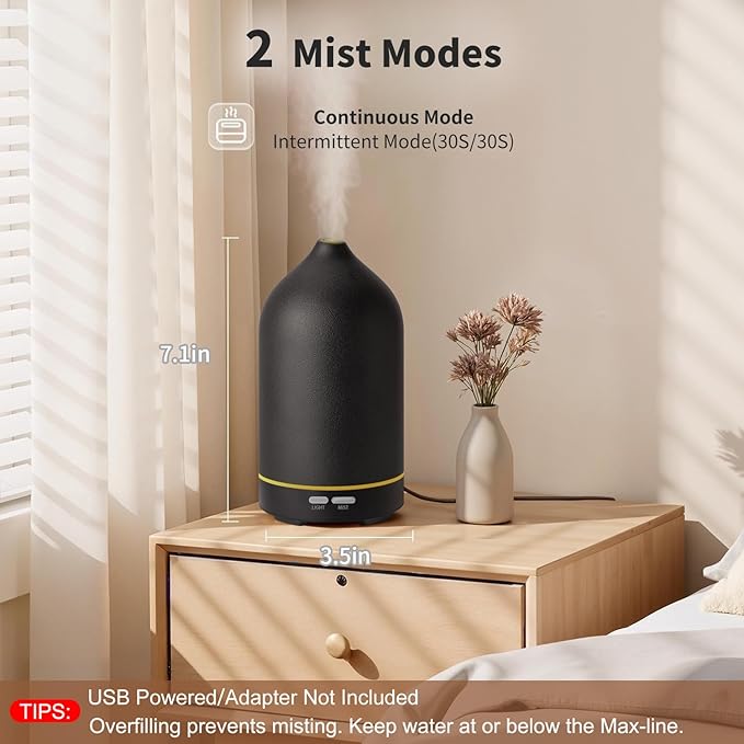 URPOWER 120ML Essential Oil Diffuser, Ultrasonic Aromatherapy Diffuser with Sleek Black Ceramic Design, 7-Color LED Lights, Auto Shut-Off, Humidifier for Home & Office, Scent Diffuser for Relaxation - Image 2